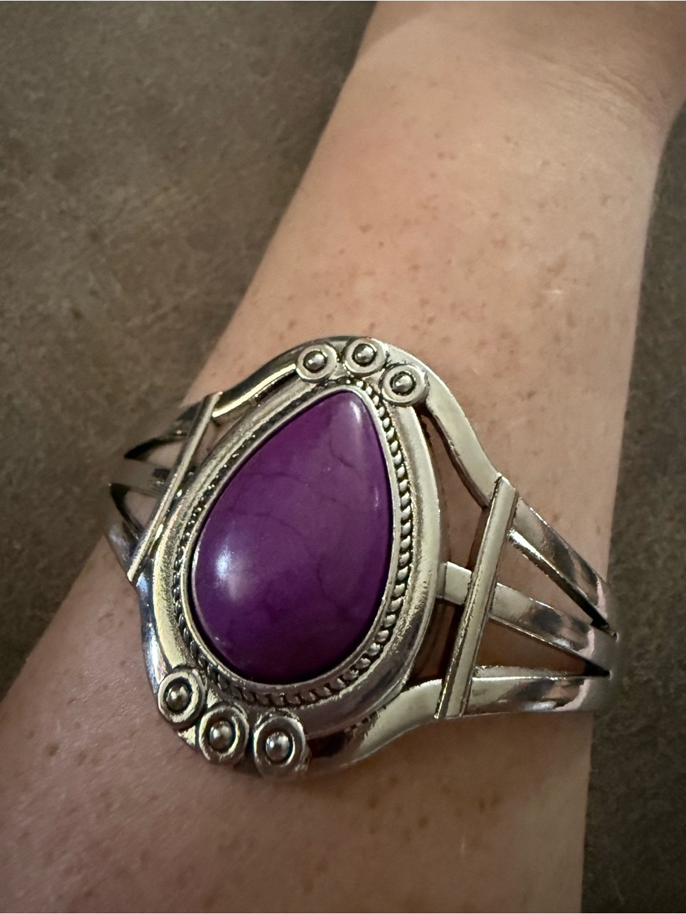 Purple Teardrop Stone Silver-Tone Cuff Bracelet